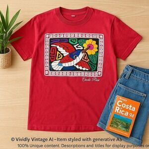 Vtg Costa Rica Embroidered Hummingbird Tee Shirt Red Graphic Tourist Souvenir L